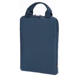A navy blue tablet cover with a handle and zip closure, featuring a branding logo.