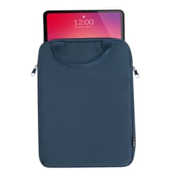 A navy tablet cover featuring a handle, with a tablet partially inserted at the top and a logo on the side.