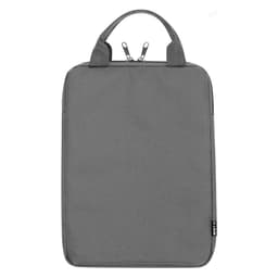 A grey tablet pouch with a zip closure and two handles is displayed. It features a branding logo.