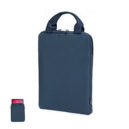 A navy tablet pouch with handles and a zip closure. It features a logo and is designed for device protection.