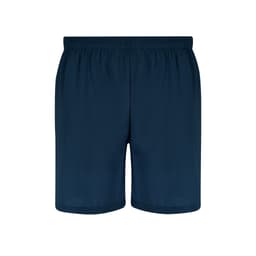 A pair of navy blue dress shorts featuring an elastic waistband and a simple design. The item has a logo.