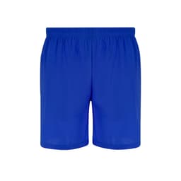 Blue dress shorts with an elastic waistband and a smooth texture, featuring a logo on the front.
