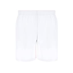 White dress shorts featuring an elastic waistband and a subtle logo. Simple and stylish design.