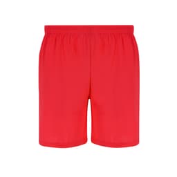 Red dress shorts featuring an elastic waistband and a simple design, with a logo present.