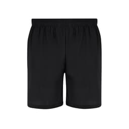 Black dress shorts with an elastic waistband and a simple design. Includes a branding logo.