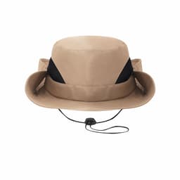 A tan bucket hat with a mesh band and an adjustable chin strap. It features a logo on the side.