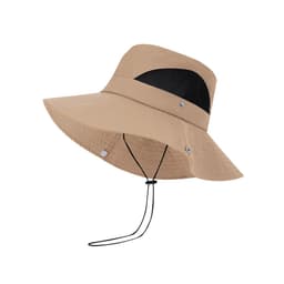 A tan bucket hat with a wide brim, mesh panel, and adjustable chin strap. It features a logo.