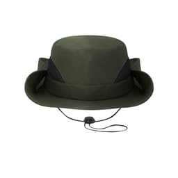 A green bucket hat featuring a mesh band and an adjustable chin strap. It has a logo on the side.