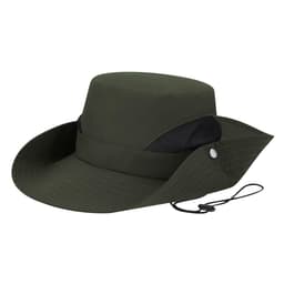 A dark green bucket hat featuring a wide brim and mesh detailing, equipped with an adjustable chin strap.