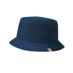 A navy blue bucket hat featuring a logo tag, designed for headwear.