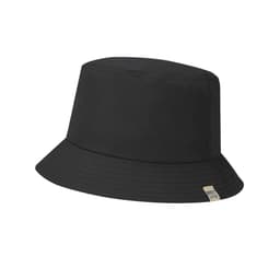 A black bucket hat with a wide brim and a small logo tag on the side.