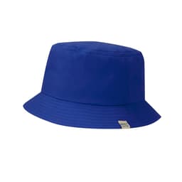 A blue bucket hat with a wide brim and a logo tag on the side.