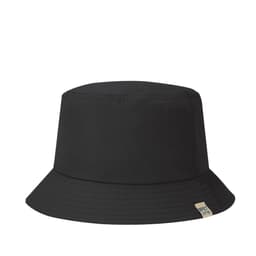 A black bucket hat featuring a round crown and wide brim, with a small branding label.