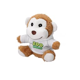 A plush toy monkey with brown fur and white accents, wearing a white hoodie with a logo.