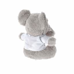 A grey plush koala toy, wearing a white shirt, featuring a soft texture and a rounded shape.