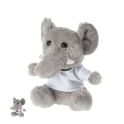 A plush elephant toy in grey with a white shirt, along with a smaller version of the same toy. It has a branding logo.