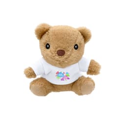 A plush bear toy in light brown with black eyes, wearing a white t-shirt featuring a logo.