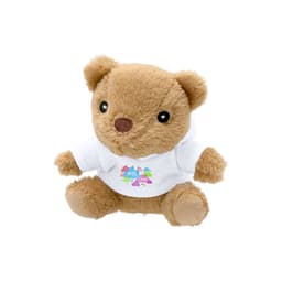 A plush teddy bear in a white hoodie, featuring brown fur and black eyes, with a logo on the front.