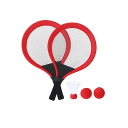 A set of red paddle rackets with black handles, accompanied by two red balls and a shuttlecock.
