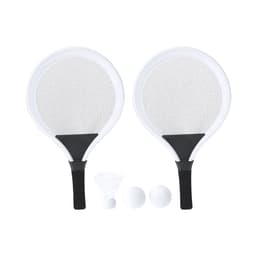 Two white paddles with black handles, accompanied by two balls and a shuttlecock.