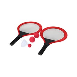 Two red and black paddle rackets with balls and a shuttlecock. The paddles have a mesh centre and black handles.