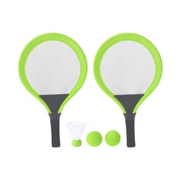 A pair of green and black paddle rackets with two balls and a shuttlecock. The rackets have a mesh net design.