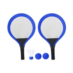 Two blue paddles with mesh surfaces, accompanied by two blue balls and a shuttlecock, arranged together.