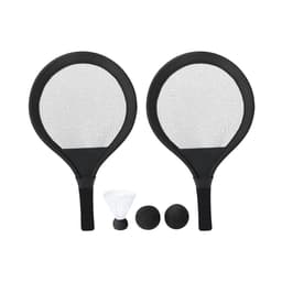 Two black paddle rackets with mesh heads, accompanied by a shuttlecock and two black balls.