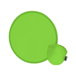 A bright green frisbee with a matching storage pouch. The frisbee is round and smooth in design.