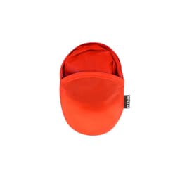 A red frisbee folded inside a pouch, featuring a logo on the side.