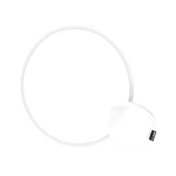 A white frisbee toy with a circular design and a rounded edge, featuring a logo.