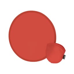 A red frisbee with a matching pouch, featuring a logo. The frisbee is round and collapsible for easy storage.