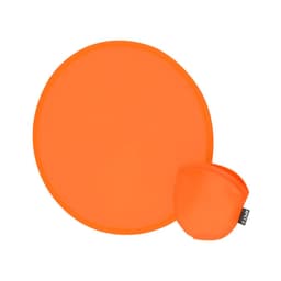 An orange Frisbee next to a matching orange pouch for storage. The product includes branding.
