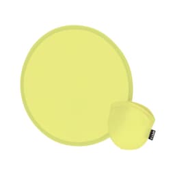 A round, bright yellow frisbee alongside a compact, folded version in the same colour. Features a logo.