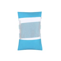 A blue gym towel with a white mesh panel and a zippered pocket. Features a logo on the surface.