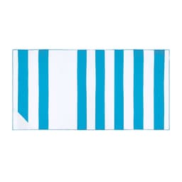 A striped towel featuring alternating blue and white sections, suitable for gym or outdoor use. It has a branding logo.