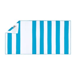 A blue and white striped towel featuring a logo in one corner, ideal for leisure activities.