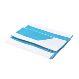 A blue and white gym towel folded neatly, featuring a striped design and a logo.