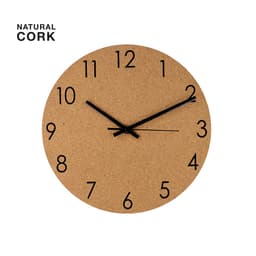 A round wall clock made of natural cork, featuring black hour and minute hands with large black numbers.