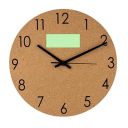 A round cork wall clock featuring bold black numerals and hands, with a blank green label at the top.