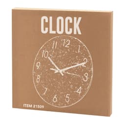 A wall clock with a round face, white markings, and hands on a textured brown background. It includes branding.