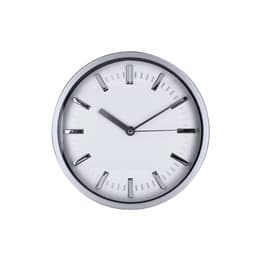 A wall clock featuring a silver frame and a minimalist white face with sleek silver hour markers and hands.