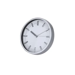 A round wall clock with a silver frame and white face, featuring minimalist silver hour markers and hands.