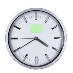 A wall clock with a silver casing, white face, and black hour markers. It features two black hands and a logo.