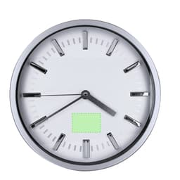 A white wall clock with silver accents and black hour markers, featuring a simple design and a logo in the centre.