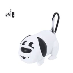 A white dog-shaped waste bag dispenser with black accents, featuring a clip for attaching to bags or leashes.