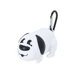 A white dog-shaped waste bag dispenser with a black clip and details, featuring a cheerful dog face design.