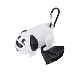 A white and black dog-shaped waste bag dispenser with a black bag attached, featuring a carabiner clip.
