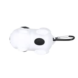 A white and black dog-shaped waste bag dispenser with a clip for attachment. It features small white paws.
