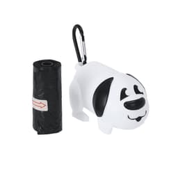 A white dog-shaped waste bag dispenser with a black roll of waste bags and a carabiner clip.